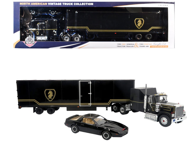 1980 GMC General Truck with Box Trailer Black with Gold Stripes and 1982 Pontiac Firebird Trans Am Black "Knight Set" "North American Vintage Truck Collection" Limited Edition to 252 pieces Worldwide 1/43 Diecast Model by Iconic Replicas-Iconic Replicas-ModelCars.com