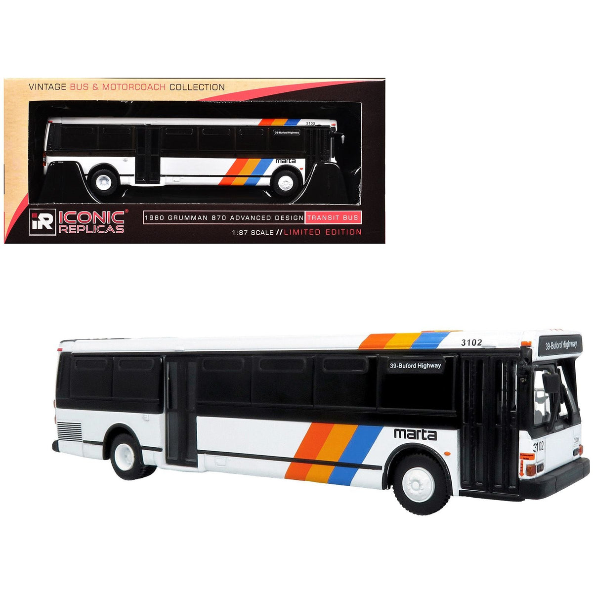 1980 Grumman 870 Advanced Design Transit Bus "MARTA Atlanta" White with Stripes "Vintage Bus & Motorcoach Collection" Limited Edition 1/87 (HO) Diecast Model by Iconic Replicas-Iconic Replicas-ModelCars.com
