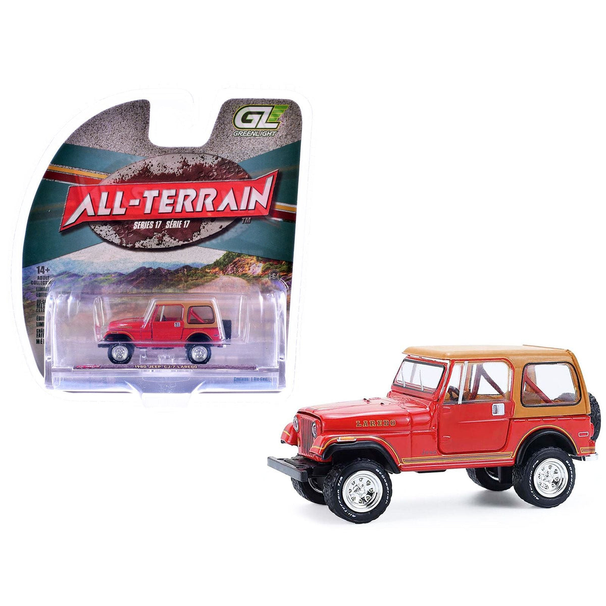 1980 Jeep CJ-7 Laredo Red with Tan Top "All Terrain" Series 17 1/64 Diecast Model Car by Greenlight-Greenlight-ModelCars.com