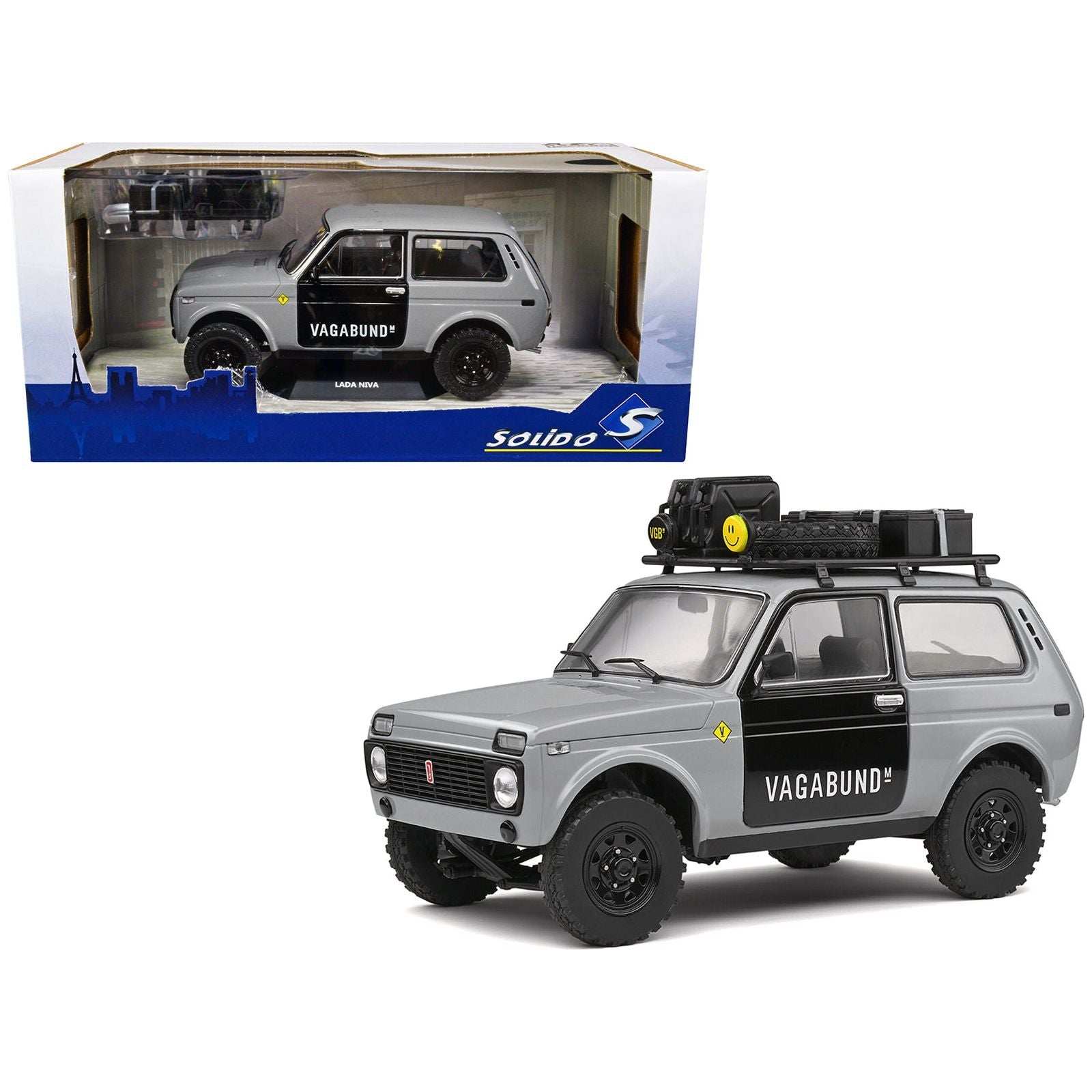 1980 Lada Niva Gray with Black Doors "Vagabund M" with Roof Rack and Accessories 1/18 Diecast Model Car by Solido - Solido - ModelCars.com