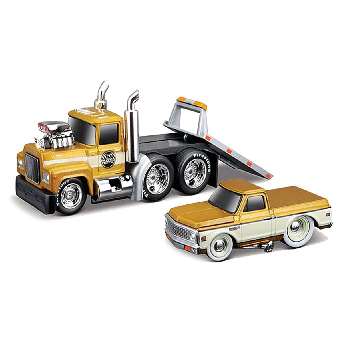 1980 Mack A685ST Flatbed Truck Gold Metallic with Beige Stripes "Madman Garage" and 1972 Chevrolet C10 Pickup Truck Gold Metallic and Beige "Muscle Transports" Series 1/64 Diecast Models by Muscle Machines-Muscle Machines-ModelCars.com