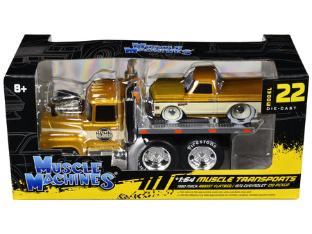 1980 Mack A685ST Flatbed Truck Gold Metallic with Beige Stripes "Madman Garage" and 1972 Chevrolet C10 Pickup Truck Gold Metallic and Beige "Muscle Transports" Series 1/64 Diecast Models by Muscle Machines-Muscle Machines-ModelCars.com