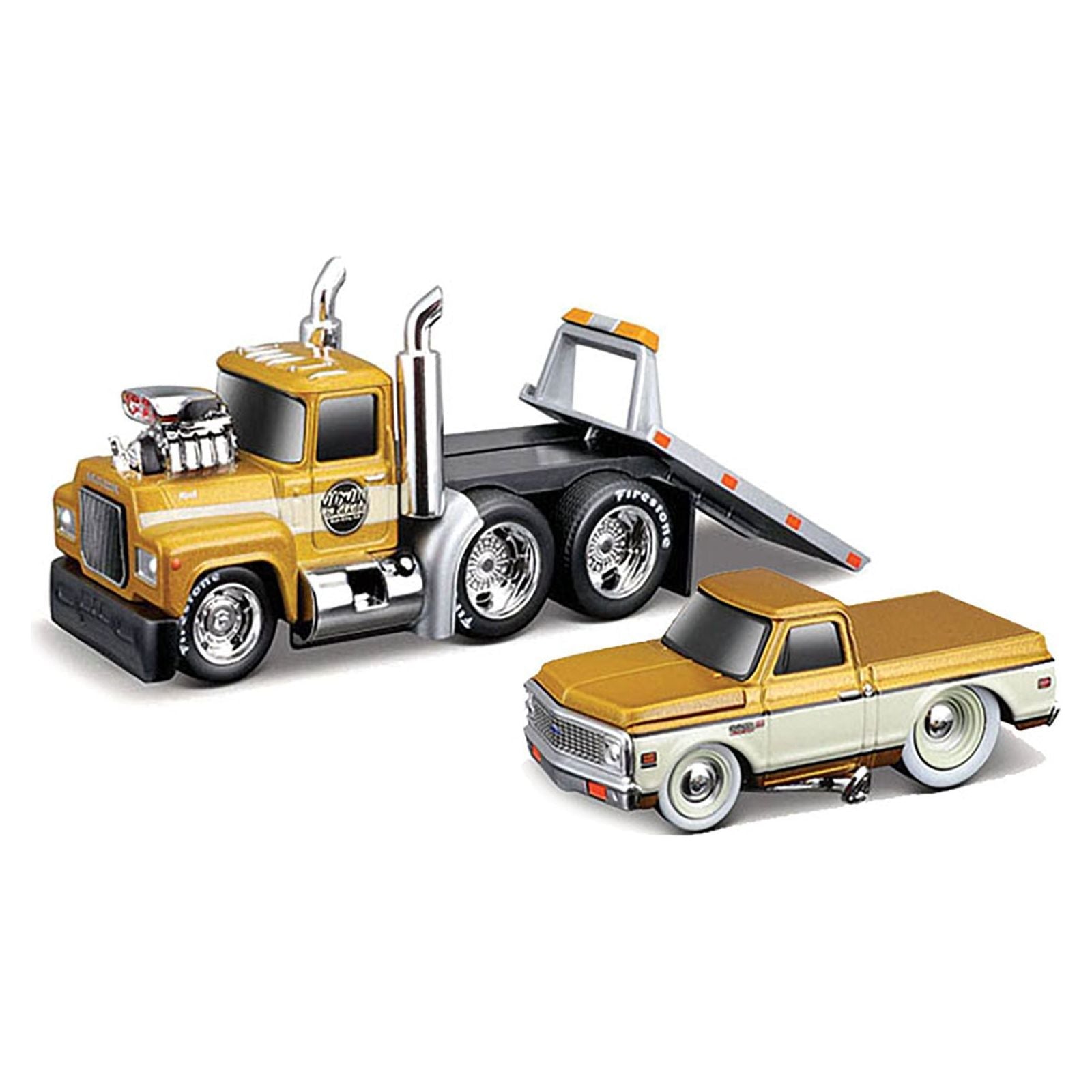 1980 Mack A685ST Flatbed Truck Gold Metallic with Beige Stripes "Madman Garage" and 1972 Chevrolet C10 Pickup Truck Gold Metallic and Beige "Muscle Transports" Series 1/64 Diecast Models by Muscle Machines - Muscle Machines - ModelCars.com