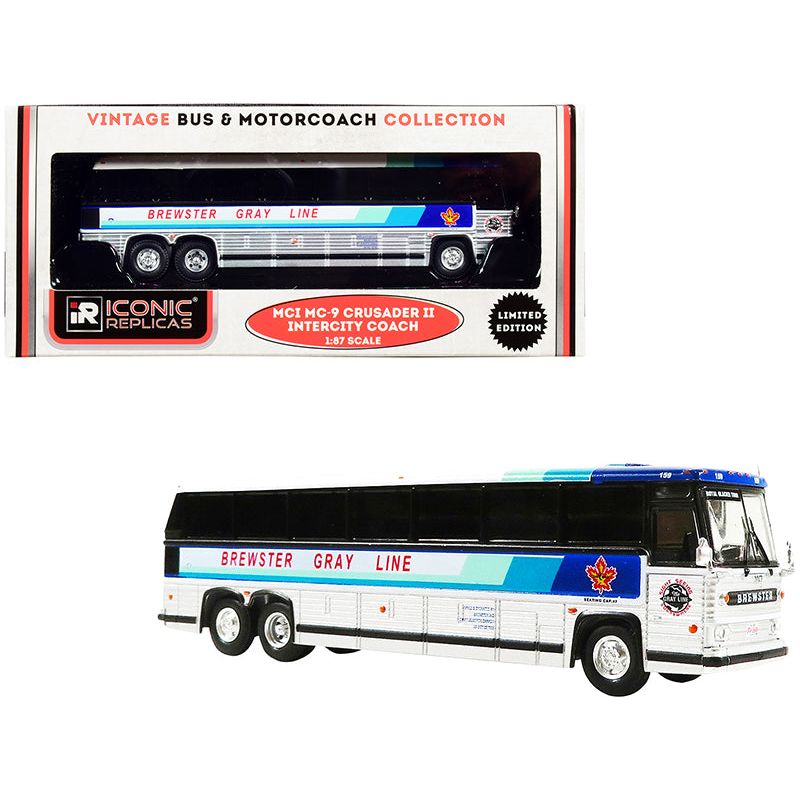 1980 MCI MC - 9 Crusader II Intercity Coach Bus "Brewster Gray Line" (Canada) White and Silver with Stripes "Vintage Bus & Motorcoach Collection" 1/87 (HO) Diecast Model by Iconic Replicas - Iconic Replicas - ModelCars.com