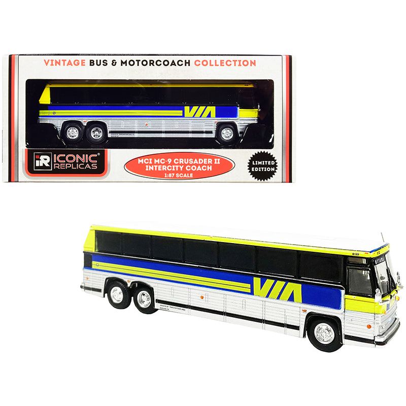 1980 MCI MC - 9 Crusader II Intercity Coach Bus "Via Rail" (Canada) Yellow and Silver with Blue Stripes "Vintage Bus & Motorcoach Collection" 1/87 (HO) Diecast Model by Iconic Replicas - Iconic Replicas - ModelCars.com