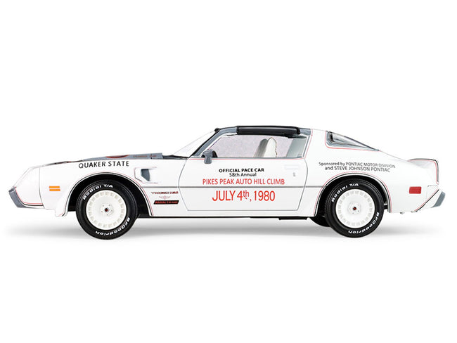 1980 Pontiac Firebird Trans Am T/A "Official Pace Car 58th Annual Pikes Peak Auto Hill Climb" White with Gray Top and Hood Graphics with White Interior 1/24 Diecast Model Car by Greenlight-Greenlight-ModelCars.com