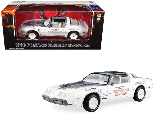 1980 Pontiac Firebird Trans Am T/A "Official Pace Car 58th Annual Pikes Peak Auto Hill Climb" White with Gray Top and Hood Graphics with White Interior 1/24 Diecast Model Car by Greenlight-Greenlight-ModelCars.com