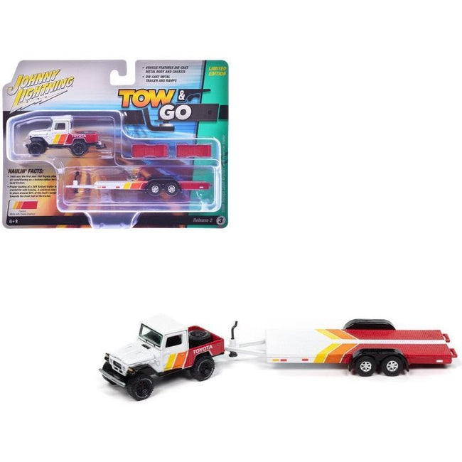 1980 Toyota Land Cruiser Pickup Truck White and Red with Stripes and Open Car Trailer Limited Edition "Tow & Go" Series 1/64 Diecast Model Car by Johnny Lightning-Johnny Lightning-ModelCars.com