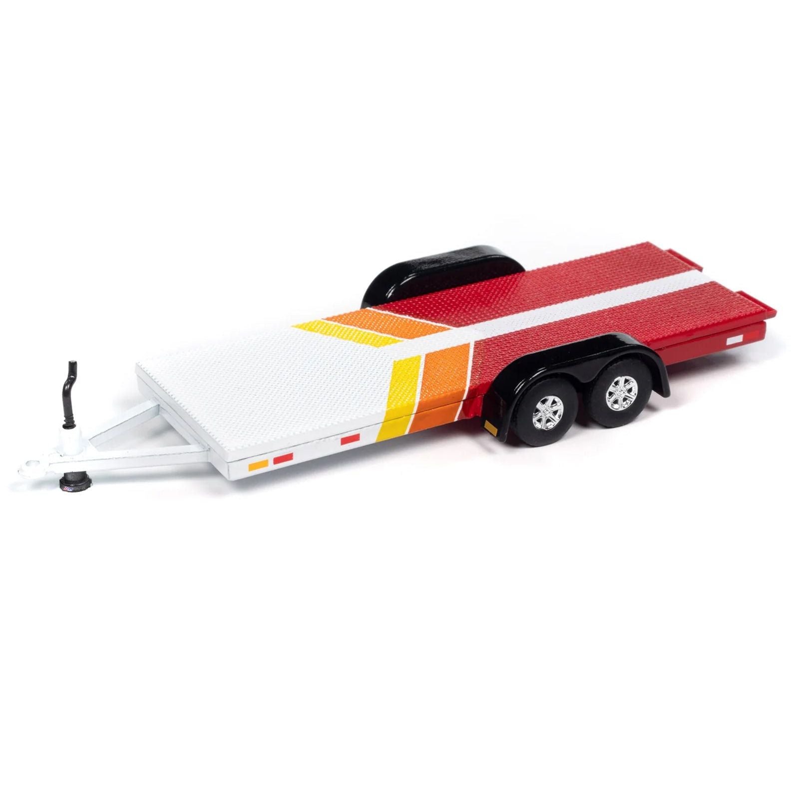 1980 Toyota Land Cruiser Pickup Truck White and Red with Stripes and Open Car Trailer Limited Edition "Tow & Go" Series 1/64 Diecast Model Car by Johnny Lightning - Johnny Lightning - ModelCars.com