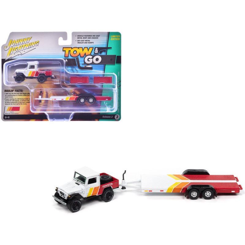 1980 Toyota Land Cruiser Pickup Truck White and Red with Stripes and Open Car Trailer Limited Edition "Tow & Go" Series 1/64 Diecast Model Car by Johnny Lightning - Johnny Lightning - ModelCars.com