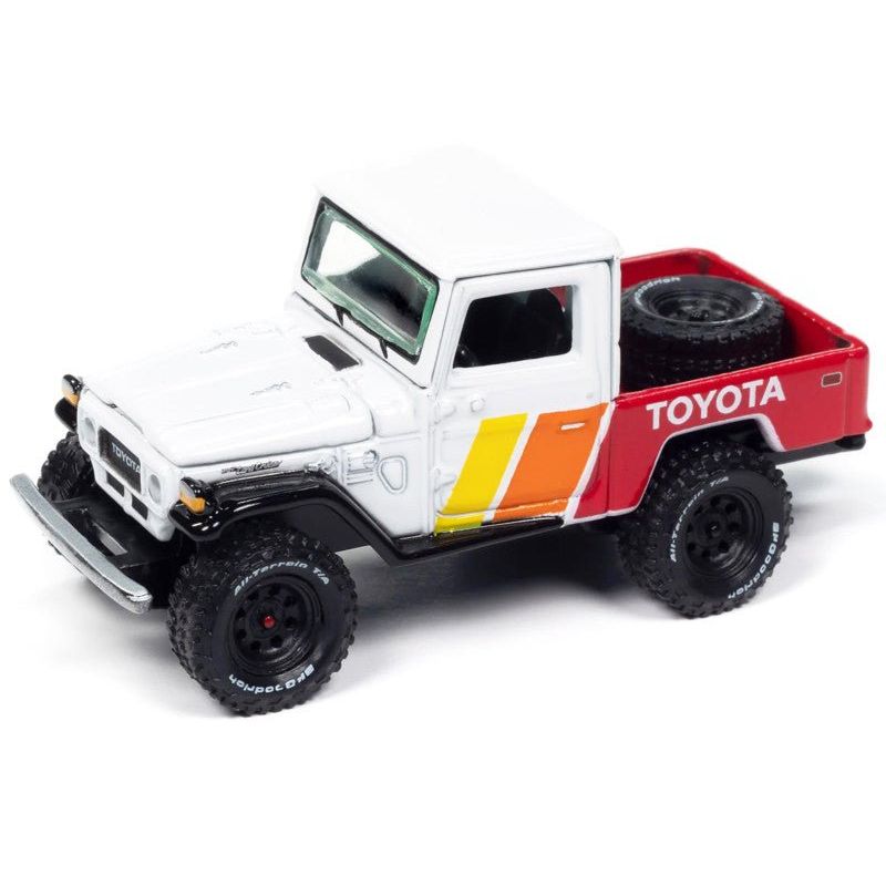 1980 Toyota Land Cruiser Pickup Truck White and Red with Stripes and Open Car Trailer Limited Edition "Tow & Go" Series 1/64 Diecast Model Car by Johnny Lightning - Johnny Lightning - ModelCars.com