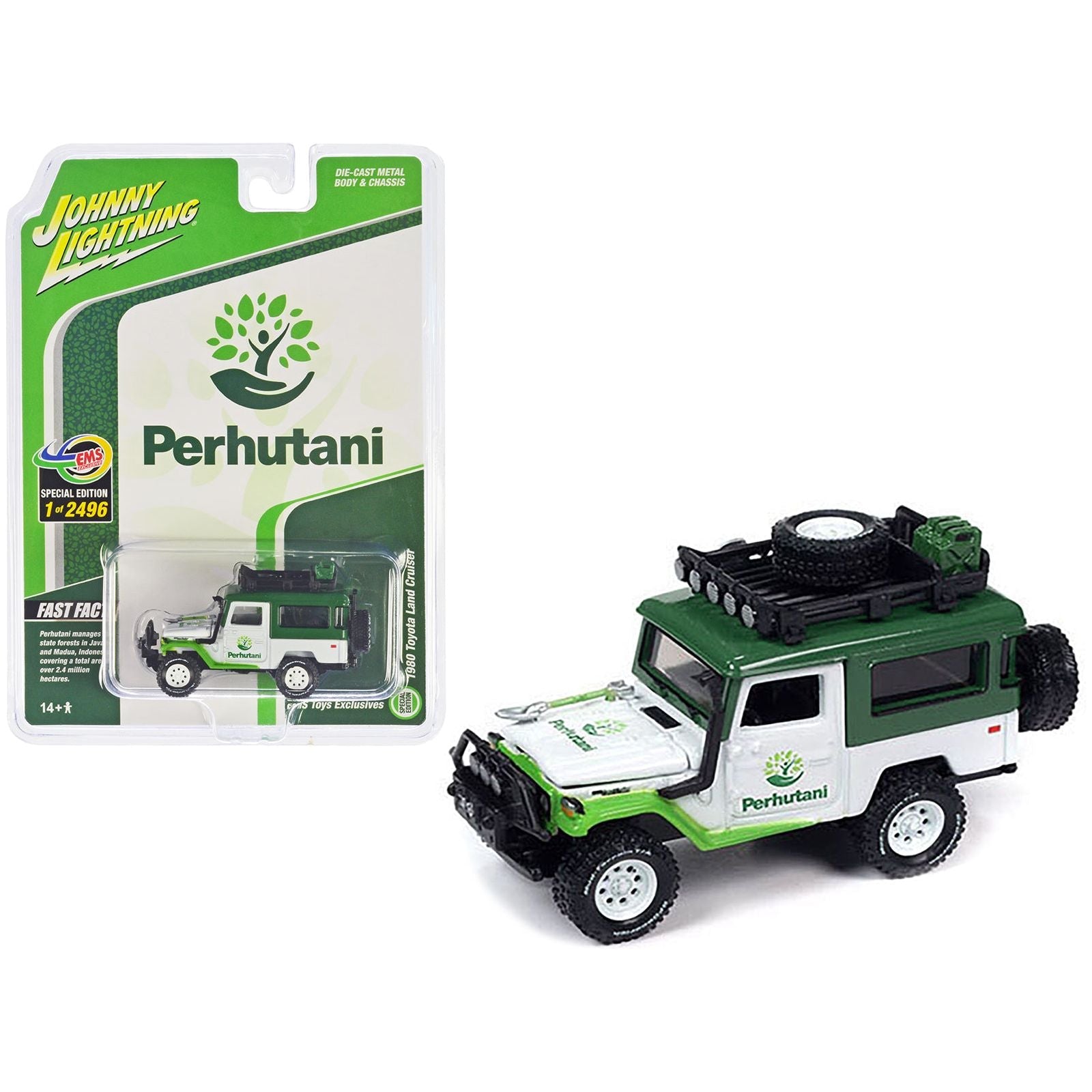 1980 Toyota Land Cruiser White and Green "Perhutani" with Roof Rack Limited Edition to 2496 pieces Worldwide 1/64 Diecast Model Car by Johnny Lightning - Johnny Lightning - ModelCars.com