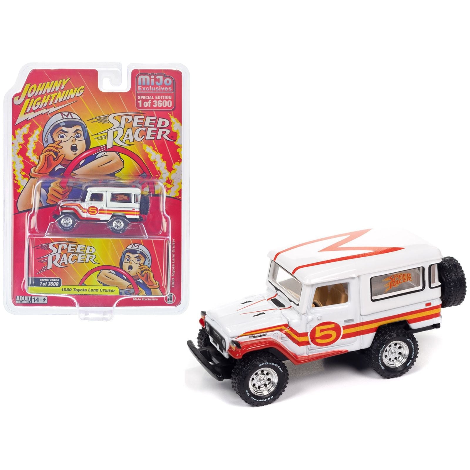 1980 Toyota Land Cruiser White with Red and Yellow Stripes "Speed Racer" Livery Limited Edition to 3600 pieces Worldwide 1/64 Diecast Model Car by Johnny Lightning - Johnny Lightning - ModelCars.com