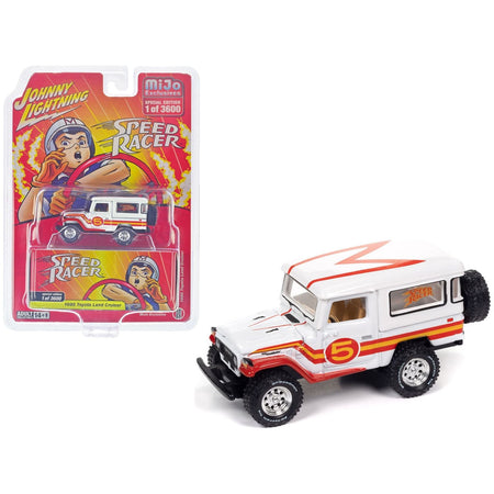 1980 Toyota Land Cruiser White with Red and Yellow Stripes "Speed Racer" Livery Limited Edition to 3600 pieces Worldwide 1/64 Diecast Model Car by Johnny Lightning-Johnny Lightning-ModelCars.com