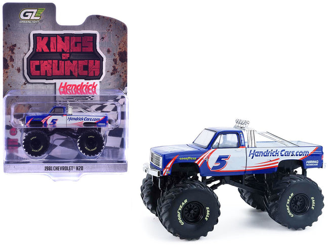 1981 Chevrolet K20 Monster Truck 5 "HendrickCars.com" Blue and White with Graphics "Kings of Crunch - Hendrick Motorsports Tribute" Special Edition 1/64 Diecast Model Car by Greenlight-Greenlight-ModelCars.com