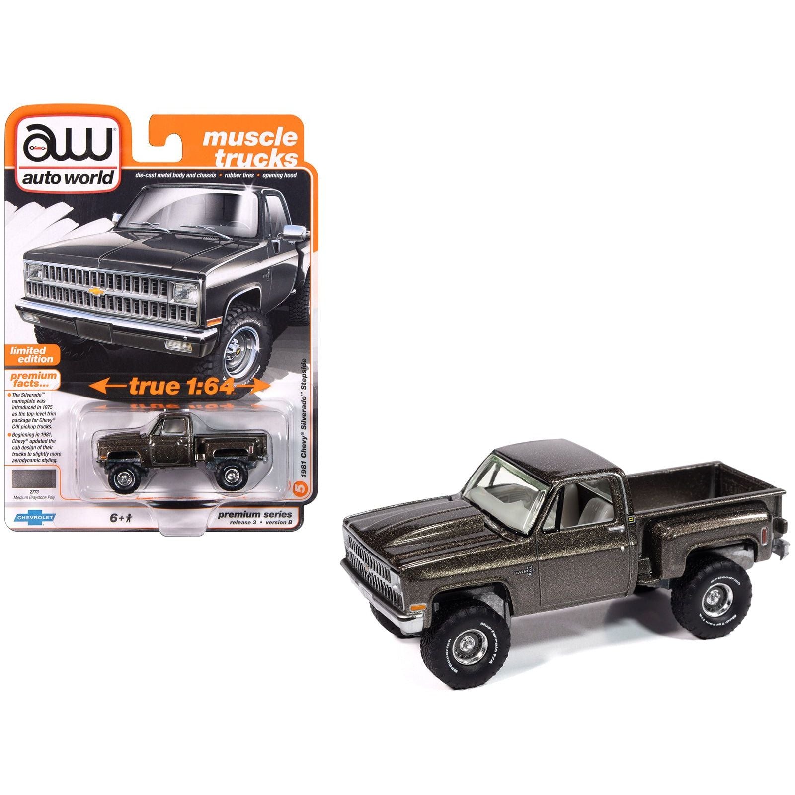 1981 Chevrolet Silverado Stepside Pickup Truck Graystone Metallic "Muscle Trucks" Series 1/64 Diecast Model Car by Auto World - Autoworld - ModelCars.com