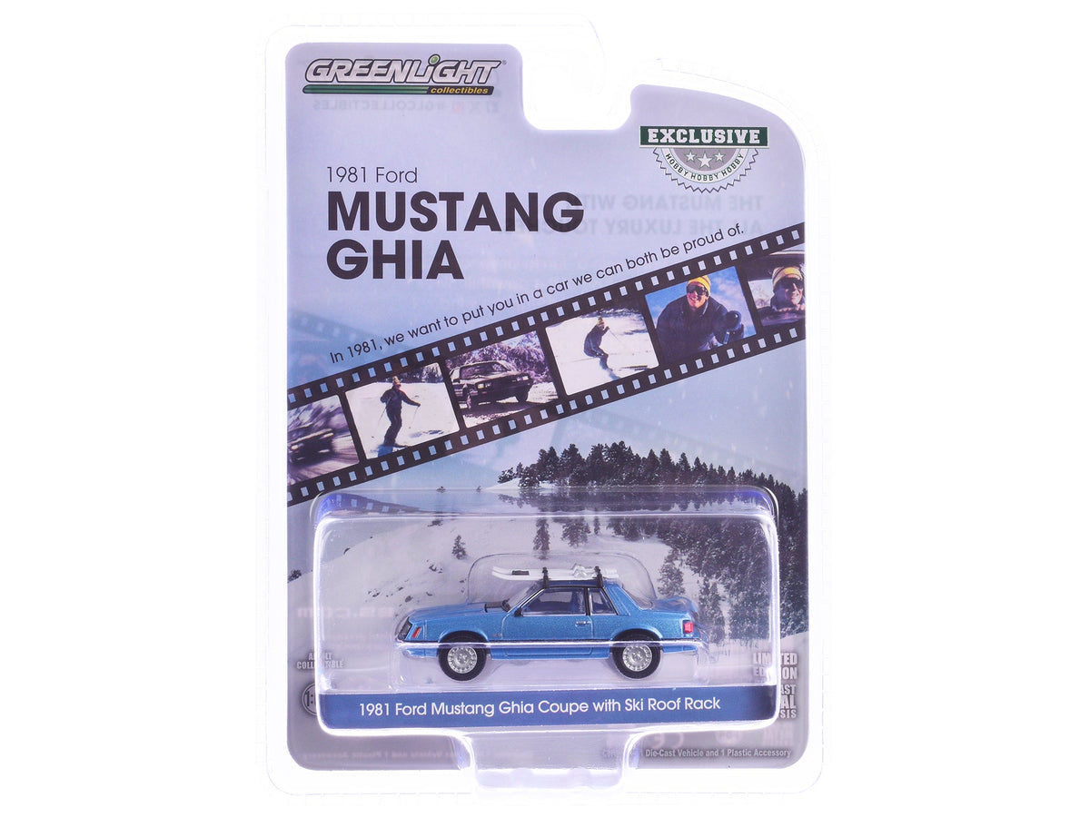 1981 Ford Mustang Ghia Coupe Blue Glow Metallic with Ski Roof Rack "Hobby Exclusive" Series 1/64 Diecast Model Car by Greenlight-Greenlight-ModelCars.com