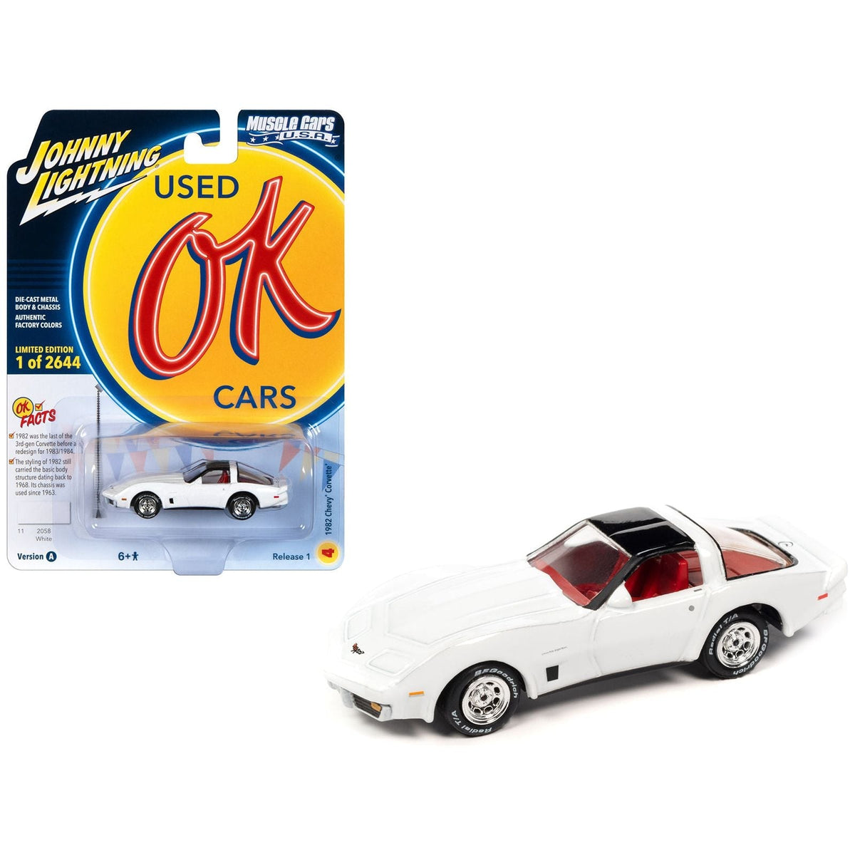 1982 Chevrolet Corvette White with Black Top and Red Interior Limited Edition to 2644 pieces Worldwide "OK Used Cars" 2023 Series 1/64 Diecast Model Car by Johnny Lightning-Johnny Lightning-ModelCars.com