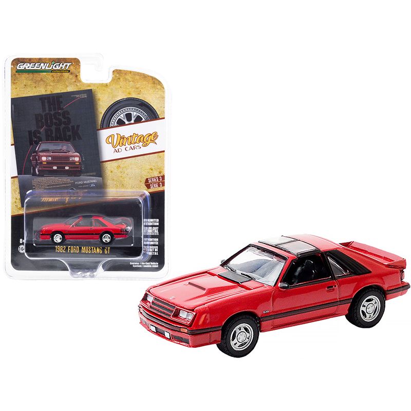1982 Ford Mustang GT Red with Black Stripes "The Boss is Back" "Vintage Ad Cars" Series 3 1/64 Diecast Model Car by Greenlight-Greenlight-ModelCars.com