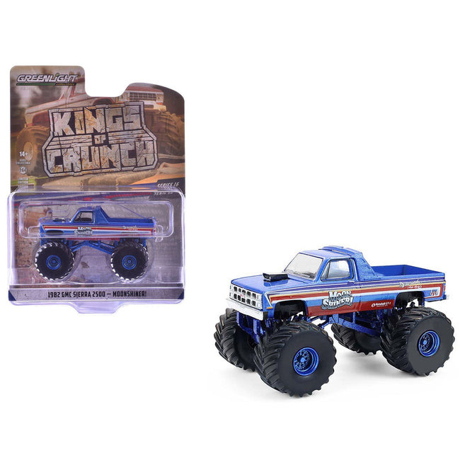 1982 GMC Sierra 2500 Monster Truck "Moonshiner!" Blue Metallic with Stripes "Kings of Crunch" Series 16 1/64 Diecast Model Car by Greenlight-Greenlight-ModelCars.com