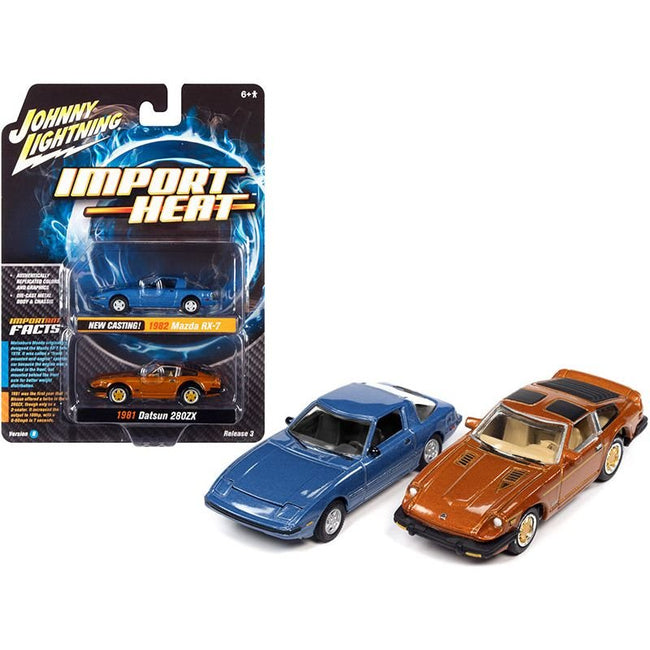 1982 Mazda RX - 7 Blue Metallic and 1981 Datsun 280ZX Orange Mist Metallic "Import Heat" Set of 2 Cars 1/64 Diecast Model Cars by Johnny Lightning - Johnny Lightning - ModelCars.com