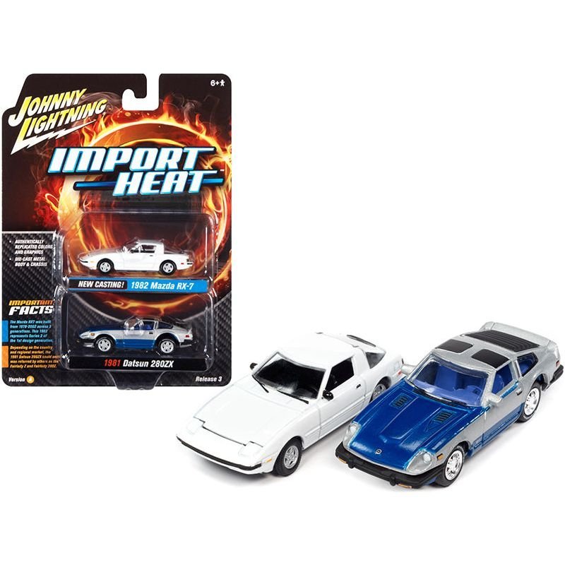 1982 Mazda RX-7 White and 1981 Datsun 280ZX Blue and Silver "Import Heat" Set of 2 Cars 1/64 Diecast Model Cars by Johnny Lightning-Johnny Lightning-ModelCars.com