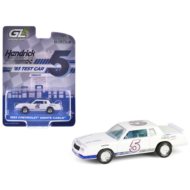 1983 Chevrolet Monte Carlo #5 "Hendrick Motorsports First Test Car Tribute" White with Blue Stripes and Interior "Hobby Exclusive" Series 1/64 Diecast Model Car by Greenlight-Greenlight-ModelCars.com