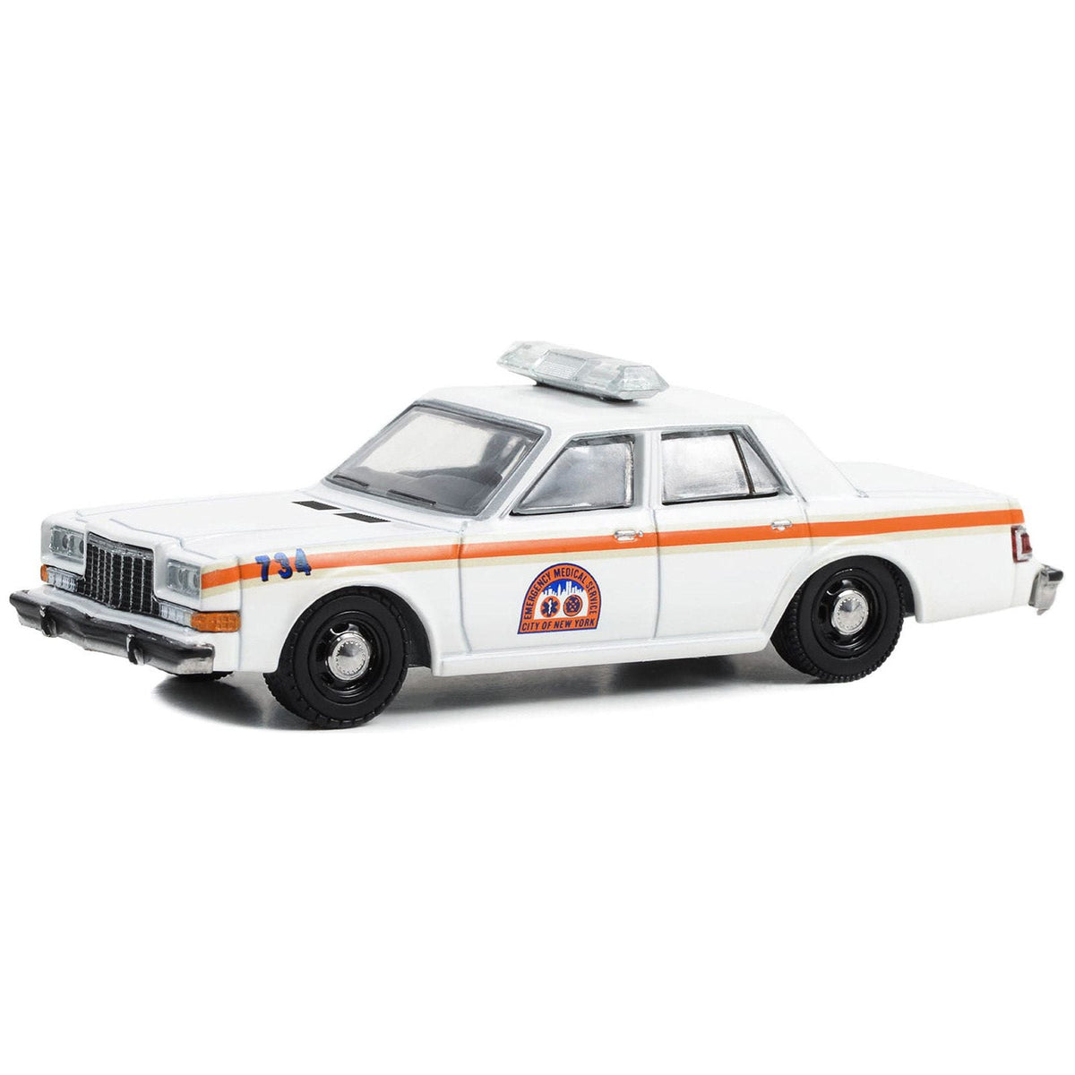 1983 Dodge Diplomat "NYC EMS (City of New York Emergency Medical Service)" White with Orange Stripes "First Responders - Hobby Exclusive" Series 1/64 Diecast Model Car by Greenlight - Greenlight - ModelCars.com