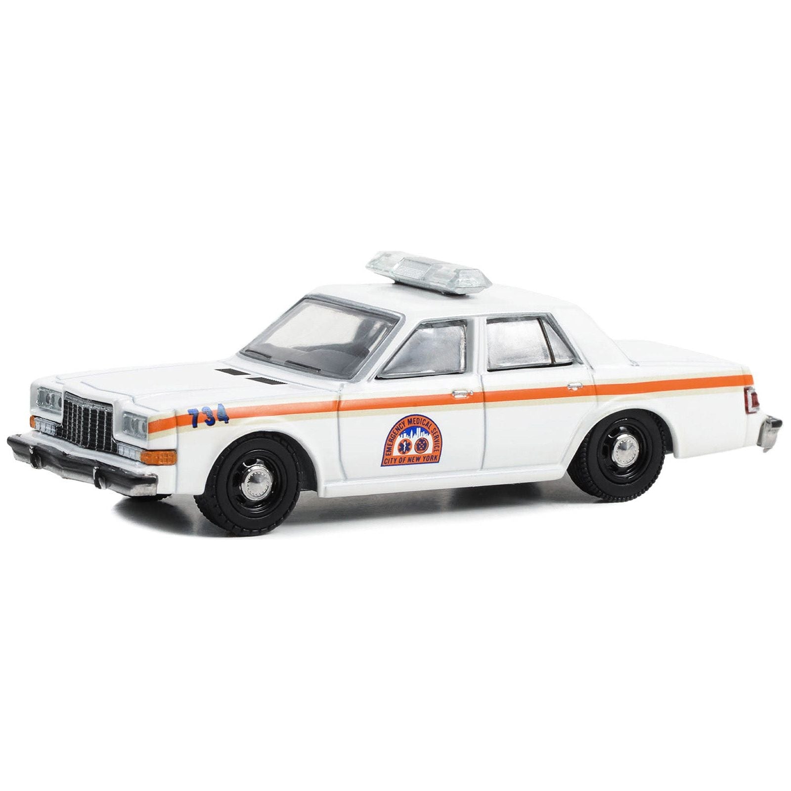 1983 Dodge Diplomat "NYC EMS (City of New York Emergency Medical Service)" White with Orange Stripes "First Responders - Hobby Exclusive" Series 1/64 Diecast Model Car by Greenlight - Greenlight - ModelCars.com