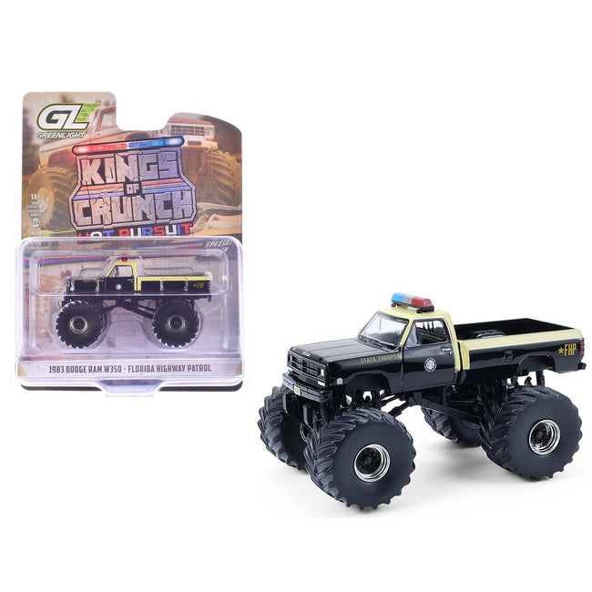 1983 Dodge Ram W350 Monster Truck "Florida Highway Patrol" Black with Cream Top and Stripes "Kings of Crunch - Hot Pursuit" Special Edition 1/64 Diecast Model Car by Greenlight-Greenlight-ModelCars.com