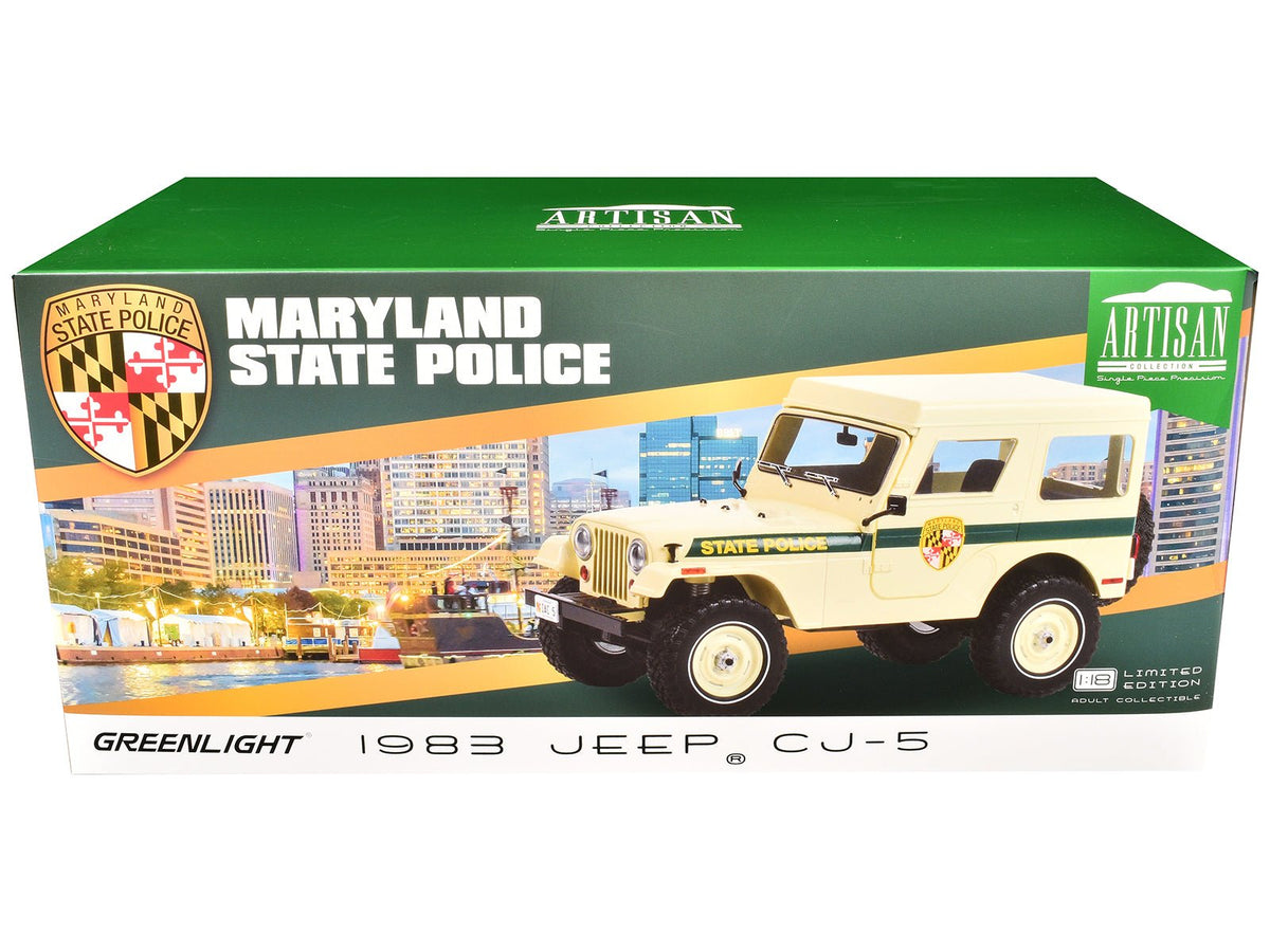 1983 Jeep CJ-5 Hardtop "Maryland State Police" Beige with Green Stripes "Artisan Collection" Series 1/18 Diecast Model Car by Greenlight-Greenlight-ModelCars.com
