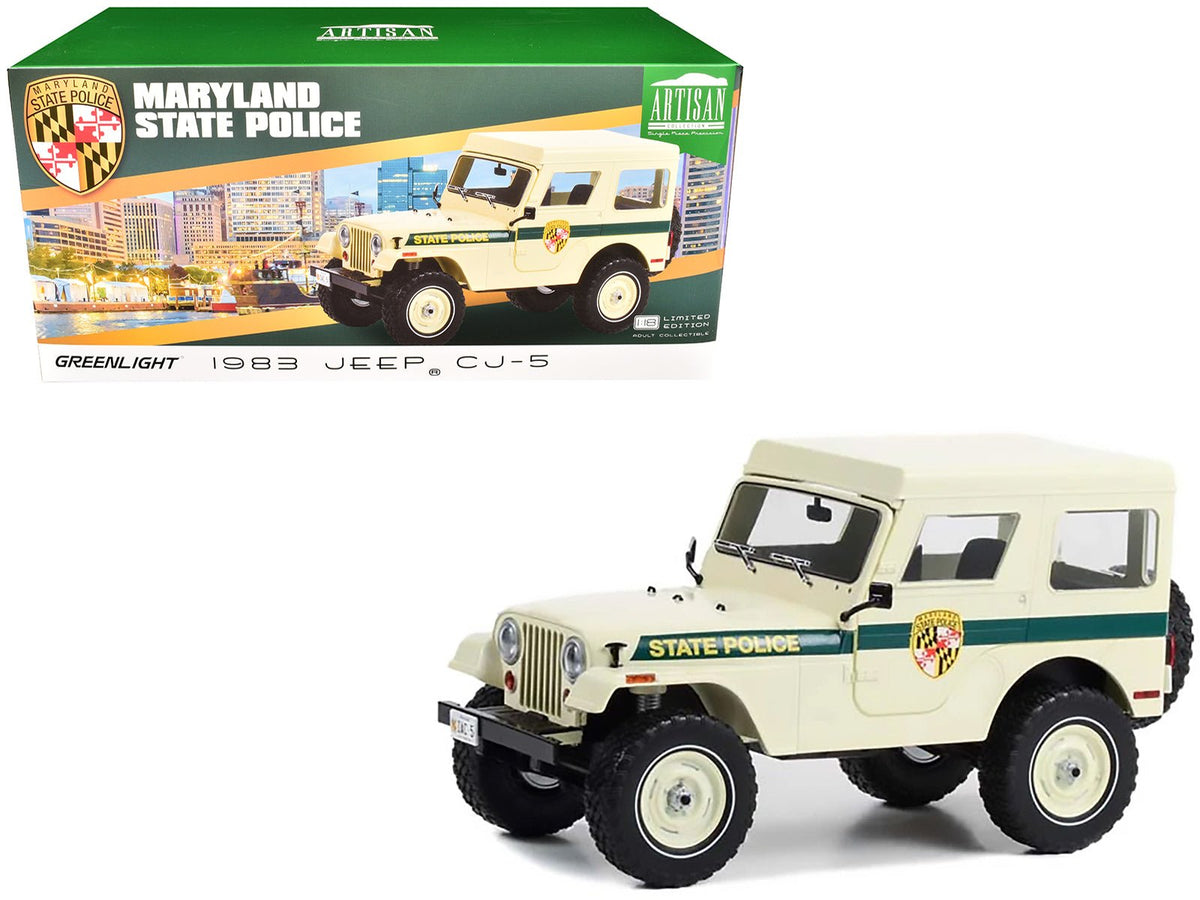 1983 Jeep CJ-5 Hardtop "Maryland State Police" Beige with Green Stripes "Artisan Collection" Series 1/18 Diecast Model Car by Greenlight-Greenlight-ModelCars.com