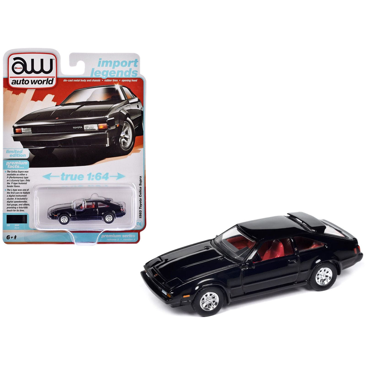 1983 Toyota Celica Supra Black with Red Interior "Import Legends" Series 1/64 Diecast Model Car by Auto World-Autoworld-ModelCars.com