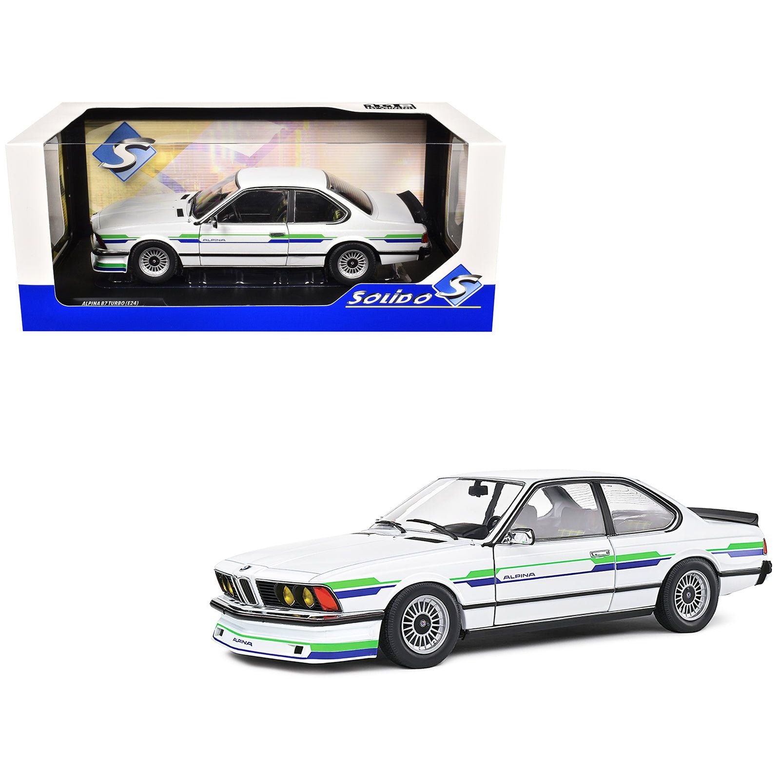1984 BMW Alpina B7 Turbo (E24) White with Blue and Green Graphics 1/18 Diecast Model Car by Solido - Solido - ModelCars.com