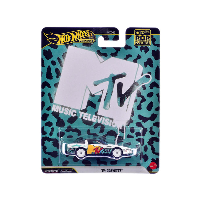 1984 Chevrolet Corvette "MTV" White with Stripes and Graphics "Pop Culture" Series Diecast Model Car by Hot Wheels-Hotwheels-ModelCars.com