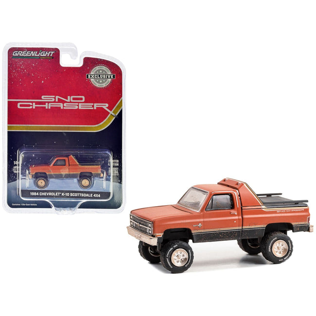 1984 Chevrolet K - 10 Scottsdale 4x4 Pickup Truck Red and Black with Gold Stripes (Weathered) "Sno Chaser" "Hobby Exclusive" Series 1/64 Diecast Model Car by Greenlight - Greenlight - ModelCars.com