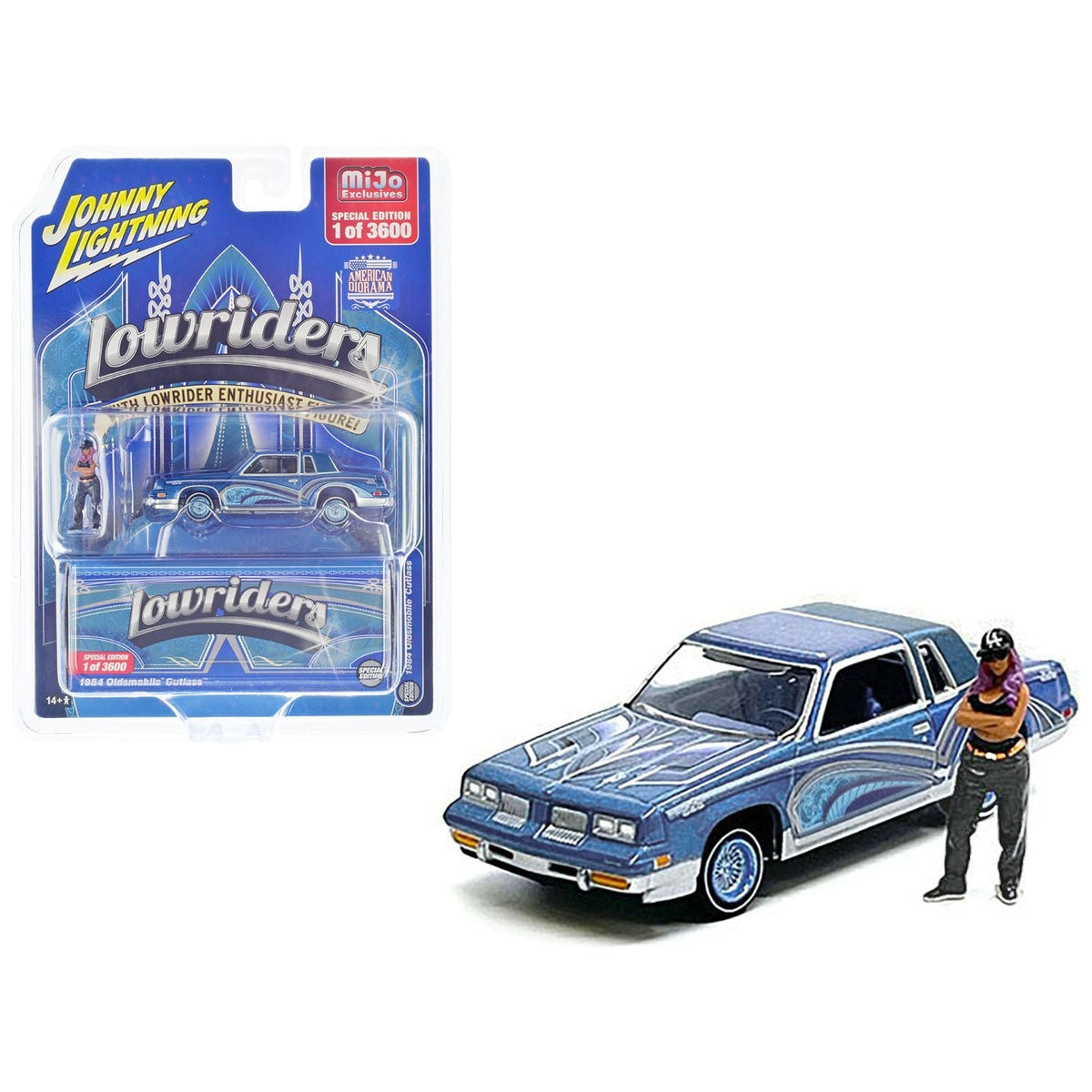 1984 Oldsmobile Cutlass Lowrider Blue Metallic with Graphics and Blue Interior and Diecast Figure Limited Edition to 3600 pieces Worldwide 1/64 Diecast Model Car by Johnny Lightning-Johnny Lightning-ModelCars.com