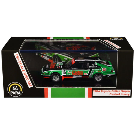 1984 Toyota Celica Supra #16 "Castrol Livery" Black and Green with Graphics 1/64 Diecast Model Car by Paragon Models-Paragon-ModelCars.com