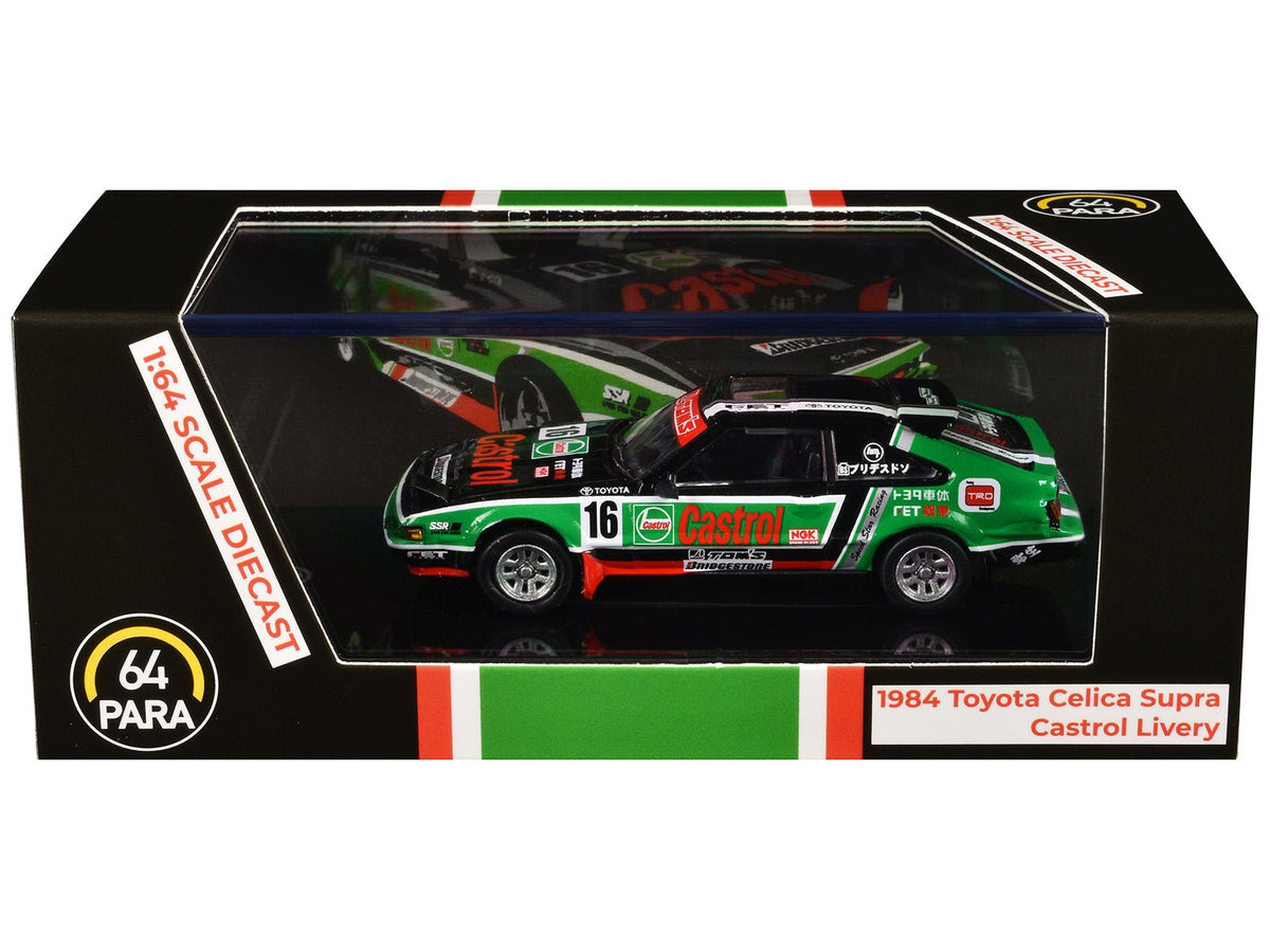 1984 Toyota Celica Supra #16 "Castrol Livery" Black and Green with Graphics 1/64 Diecast Model Car by Paragon Models-Paragon-ModelCars.com