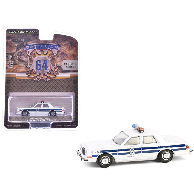 1985 Dodge Diplomat "U.S. Air Force Security Police" White with Blue Stripes "Battalion 64" Series 5 1/64 Diecast Model Car by Greenlight-Greenlight-ModelCars.com