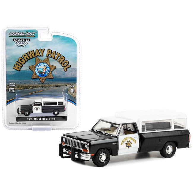 1985 Dodge Ram D - 100 Pickup Truck Black and White "California Highway Patrol" with Camper Shell "Hobby Exclusive" Series 1/64 Diecast Model Car by Greenlight - Greenlight - ModelCars.com