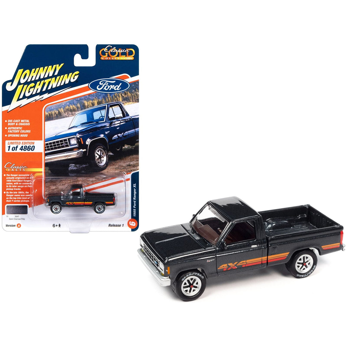 1985 Ford Ranger XL Pickup Truck Dark Charcoal Metallic with Stripes "Classic Gold Collection" 2023 Release 1 Limited Edition to 4860 pieces Worldwide 1/64 Diecast Model Car by Johnny Lightning - Johnny Lightning - ModelCars.com