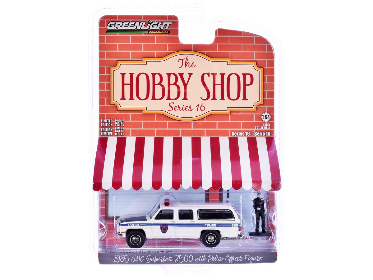 1985 GMC Suburban 2500 "New York City Transit Police Department" White with Blue Stripes and Police Officer Figure "The Hobby Shop" Series 16 1/64 Diecast Model Car by Greenlight-Greenlight-ModelCars.com