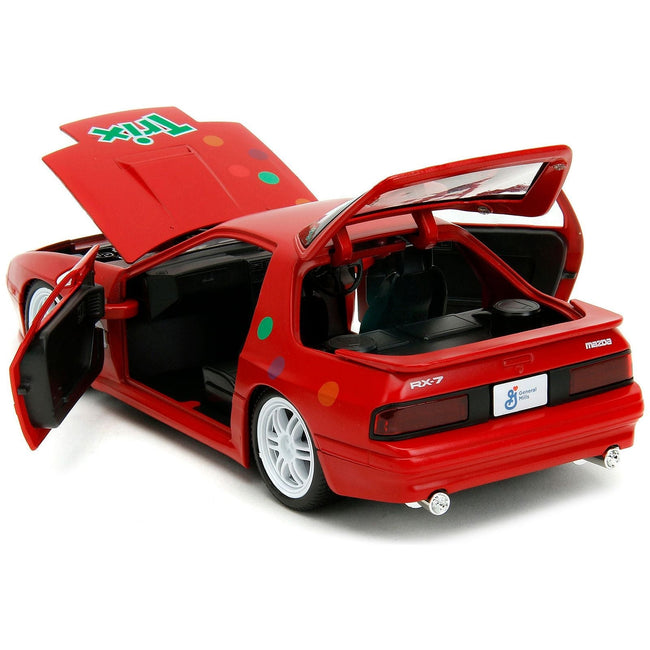 1985 Mazda RX-7 RHD (Right Hand Drive) Red with Graphics and Trix Rabbit Diecast Figure "Trix Cereal" "Hollywood Rides" Series 1/24 Diecast Model Car by Jada-Jada-ModelCars.com