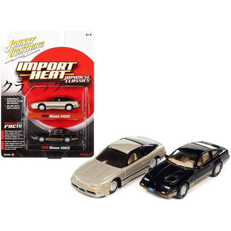 1985 Nissan 300ZX Thunder Black Body with Gold Trim and 1990 Nissan 240SX Champagne Gold Pearl with Black Stripes "Import Heat" Series Set of 2 Cars 1/64 Diecast Model Cars by Johnny Lightning-Johnny Lightning-ModelCars.com
