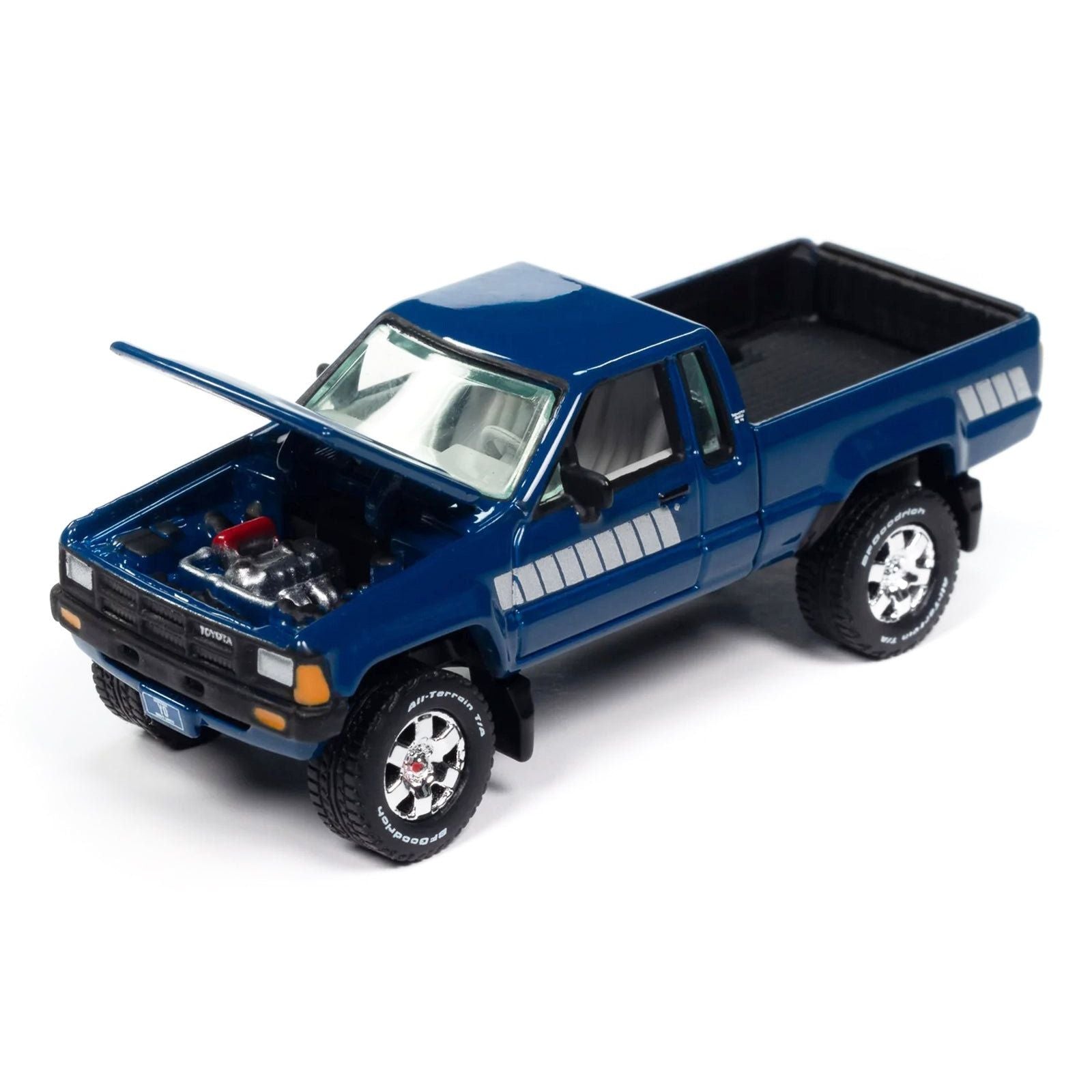 1985 Toyota SR5 Pickup Truck Dark Blue with Graphics and Boat with Trailer Limited Edition "Tow & Go" Series 1/64 Diecast Model Car by Johnny Lightning - Johnny Lightning - ModelCars.com