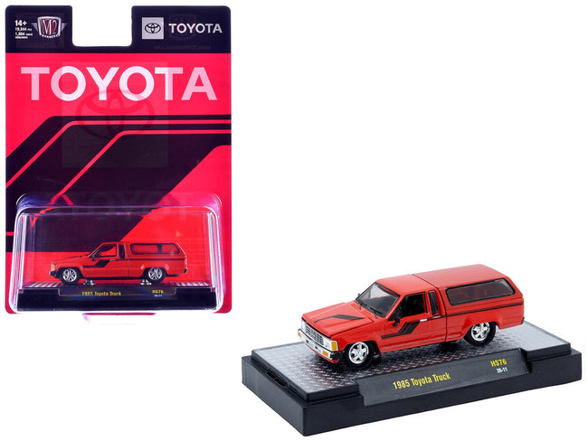 1985 Toyota SR5 Pickup Truck with Camper Shell Red with Black Stripes Limited Edition to 19844 pieces Worldwide 1/64 Diecast Model Car by M2 Machines-M2-ModelCars.com