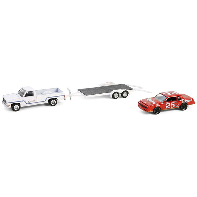1986 Chevrolet C30 Custom Deluxe Pickup Truck White and 1986 Chevrolet Monte Carlo SS 25 "Folgers Coffee" Red with Flatbed Trailer "Hendrick Motorsports" "Racing Hitch & Tow" Series 5 1/64 Diecast Model Car by Greenlight - Greenlight - ModelCars.com