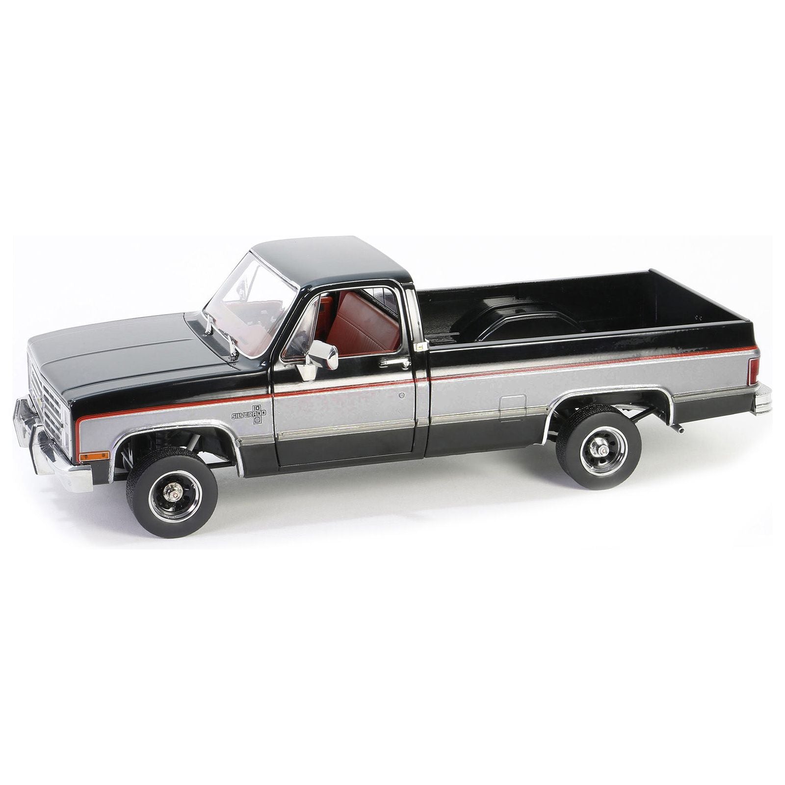 1986 Chevrolet K10 Silverado Pickup Truck Midnight Black and Steel Gray Metallic with Red Interior 1/18 Diecast Model Car by Greenlight - Greenlight - ModelCars.com
