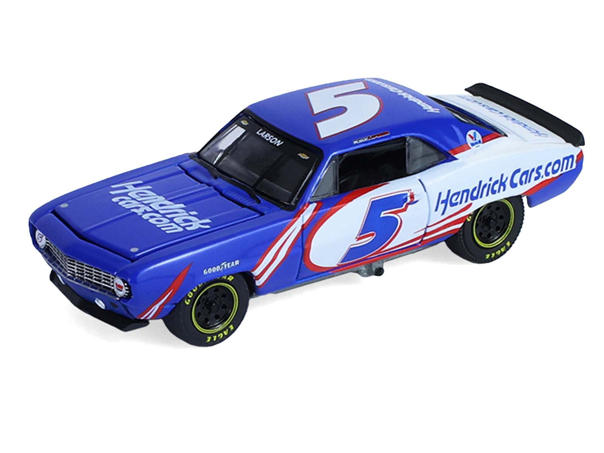 1986 Chevrolet K5 Blazer Blue and White and 1969 Chevrolet Camaro #5 Blue and White "Kyle Larson - Hendrick Motorsports" with Tandem Car Trailer "Racing Hitch & Tow" Series 6 1/64 Diecast Model Cars by Greenlight-Greenlight-ModelCars.com